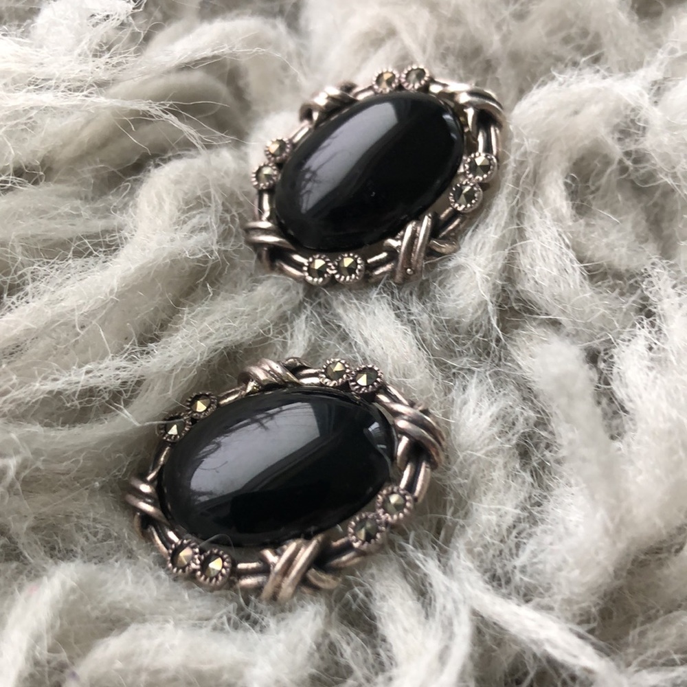 Onyx Marcasite Cabochon vintage 925 sterling barbed wire goth earrings (E17)